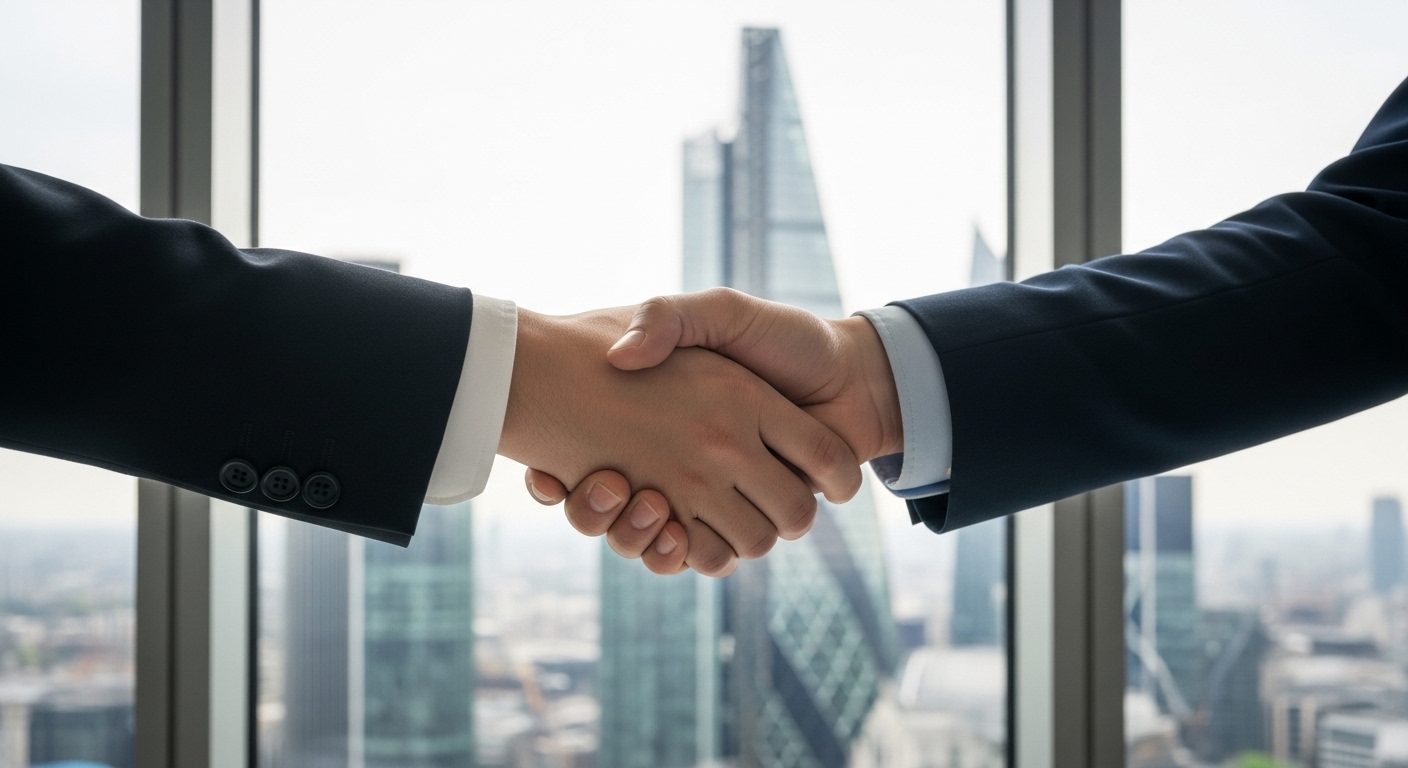 A professional handshake between two people in a high-rise office in the City of London, large windows showing the Gherkin and city skyline, blurred background, professional atmosphere.