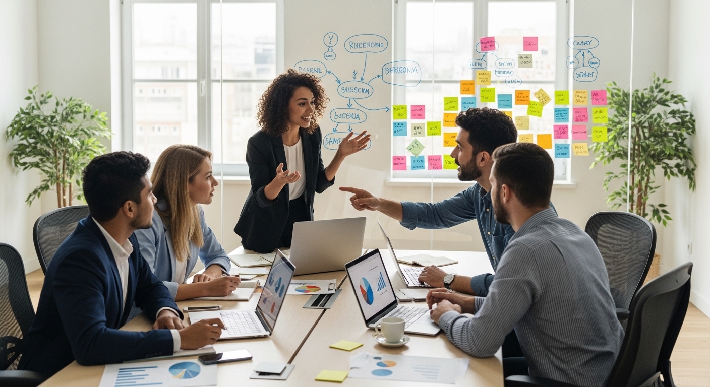A diverse group of four young business professionals brainstorming around a wooden table in a bright, modern office, sticky notes on a glass wall, laptops open, collaborative and energetic mood.