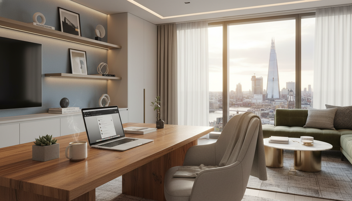 A modern office space in London with a view of the Shard through the window, professional but cozy vibe with a laptop open on a wooden desk.