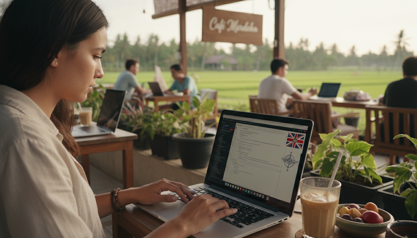 A digital nomad working on a laptop at a cafe in Bali, with a small British flag sticker on the laptop lid, representing global entrepreneurship and freedom.