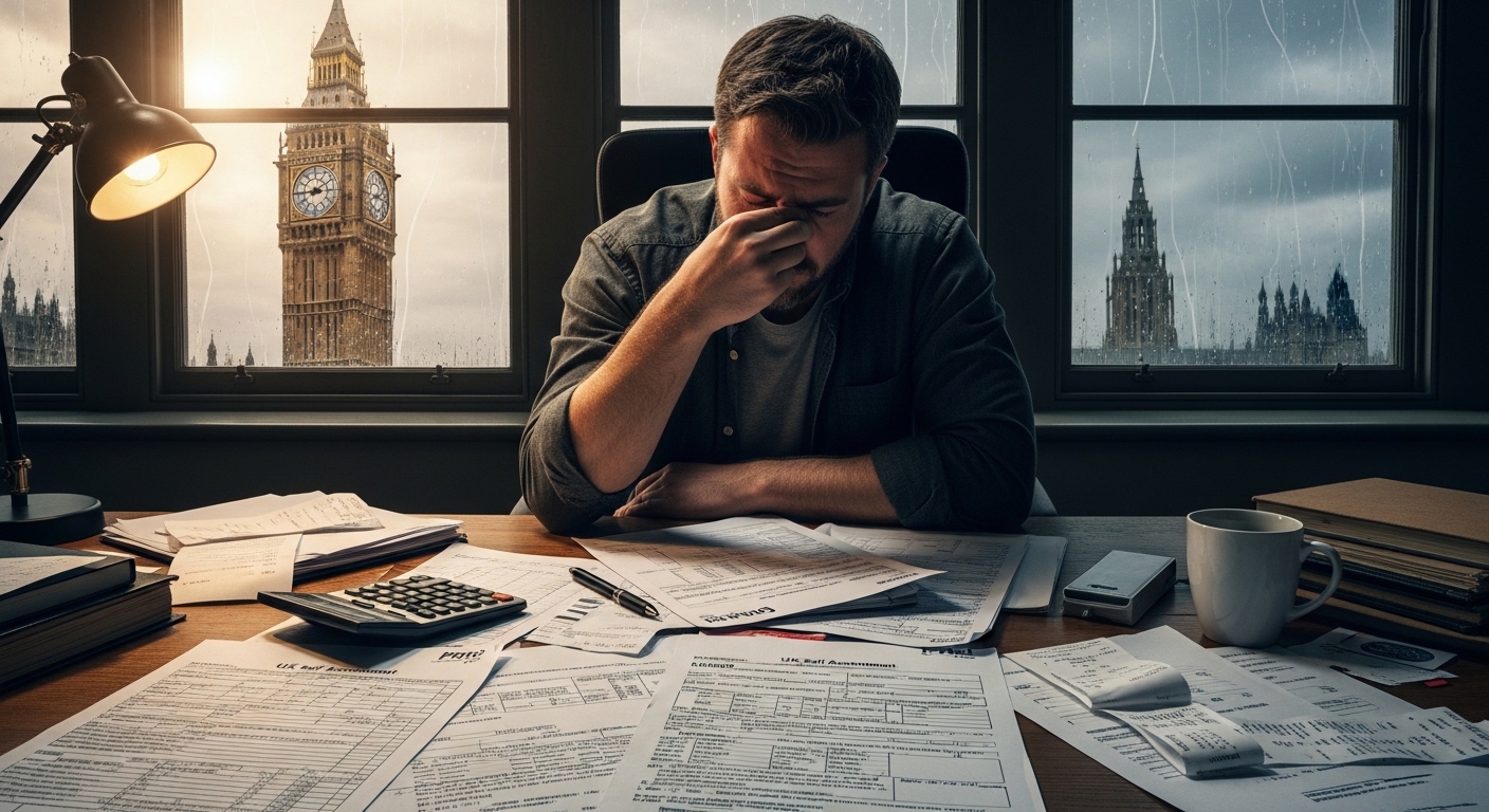 A frustrated expat sitting at a wooden desk covered in complex tax forms and a calculator, with a view of Big Ben through the window, cinematic lighting, photorealistic style