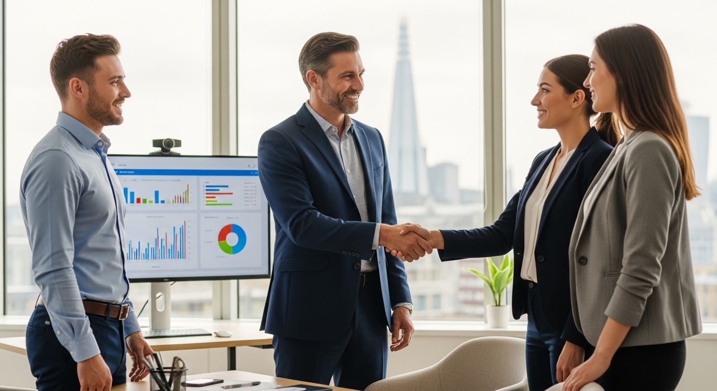 A friendly financial advisor shaking hands with a young professional couple in a bright, modern London office, charts and graphs visible on a screen in the background, professional and welcoming atmosphere