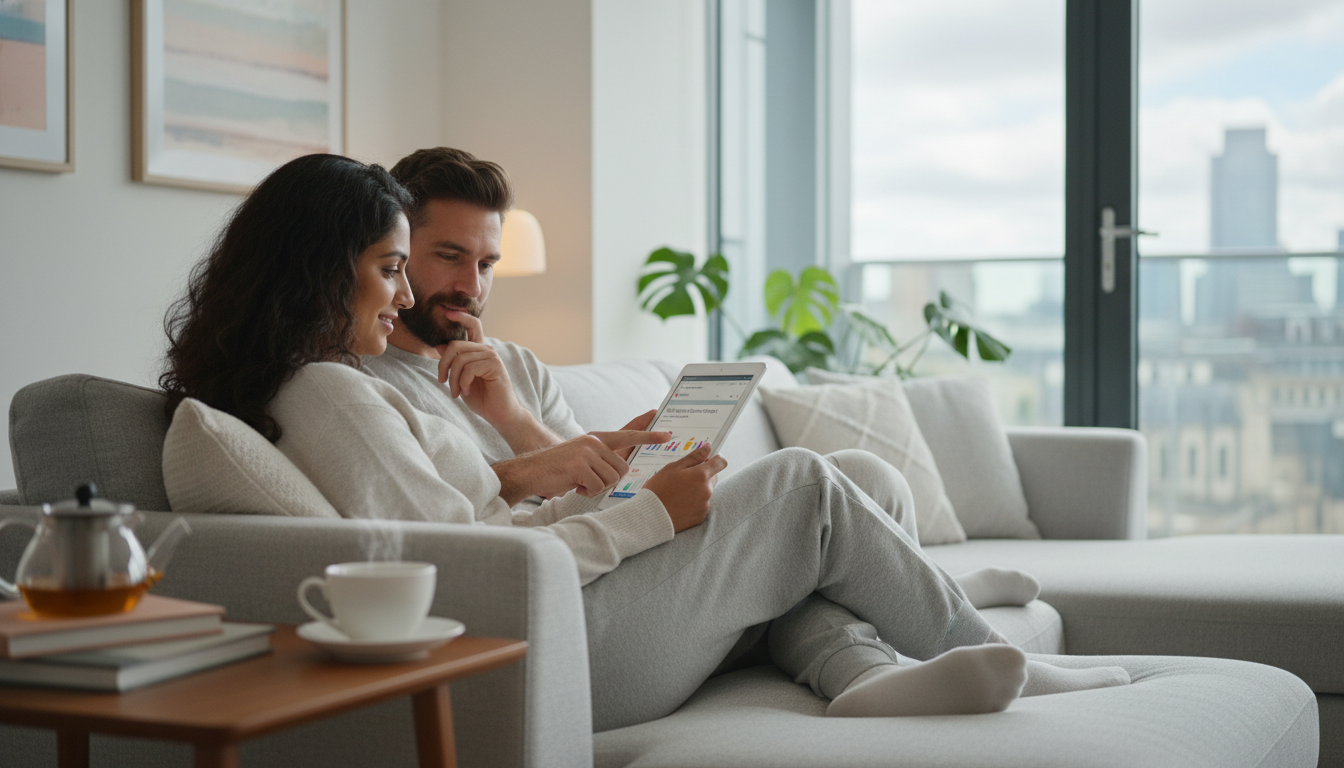 A diverse expat couple sitting on a sofa in a modern UK apartment, looking relaxed while browsing health insurance options on a tablet with a cup of tea on the side table.