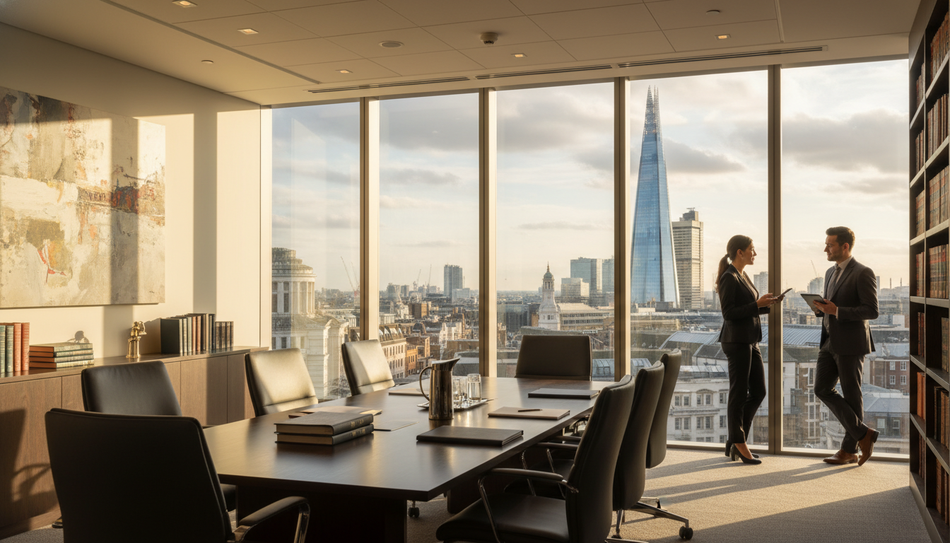 A professional legal office setting in London with a view of the Shard in the background, warm natural lighting, professional atmosphere.