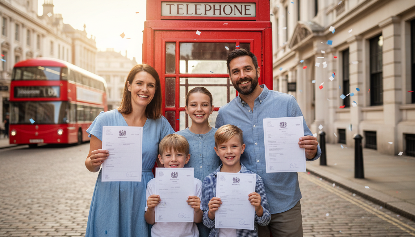 An expat family smiling and looking relieved while holding their residency documents in front of a classic UK red phone box, high resolution, emotional moment.