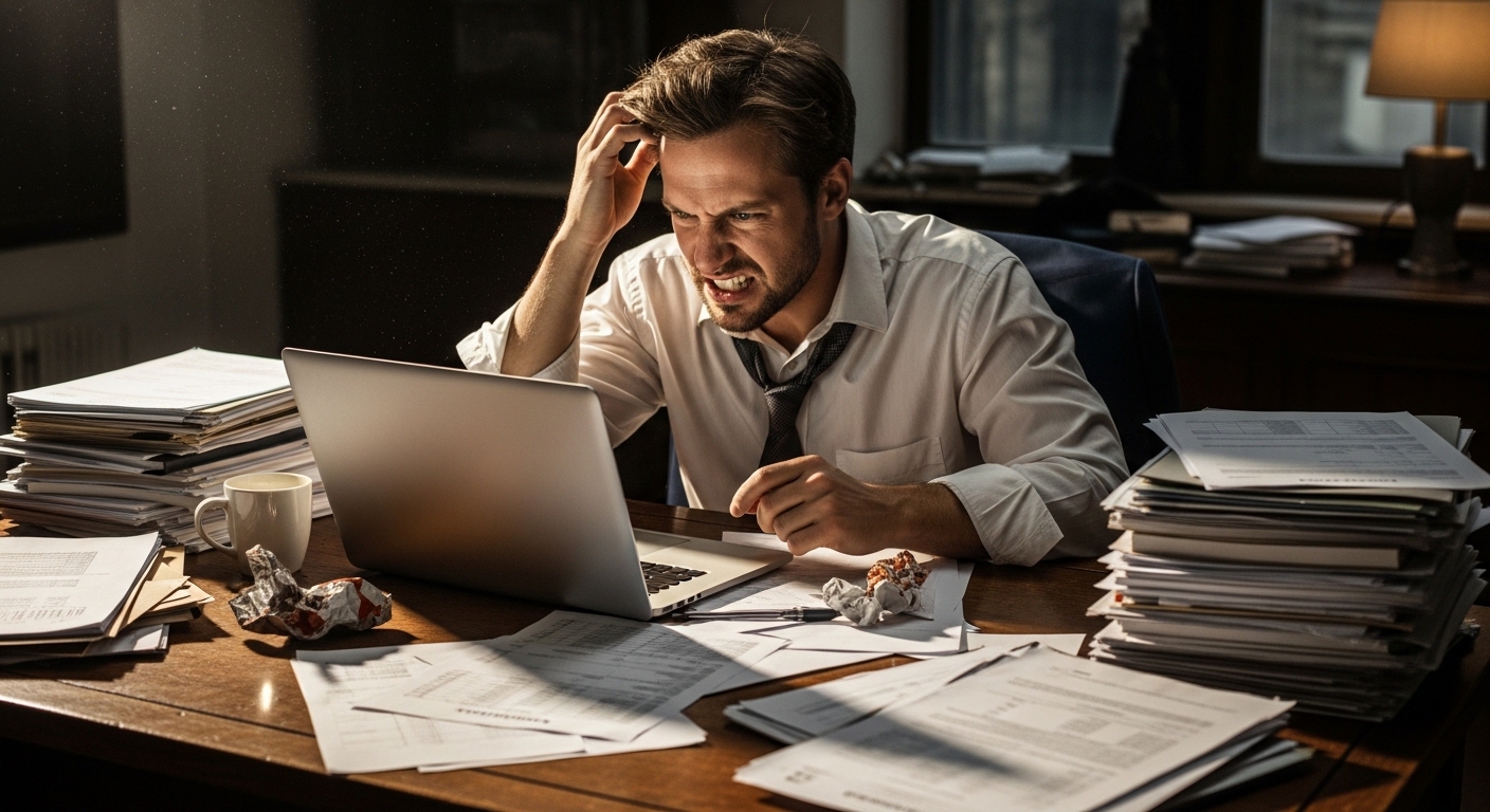 A frustrated entrepreneur sitting at a wooden desk surrounded by piles of complex paperwork and a laptop, looking overwhelmed but determined, cinematic lighting, photorealistic.