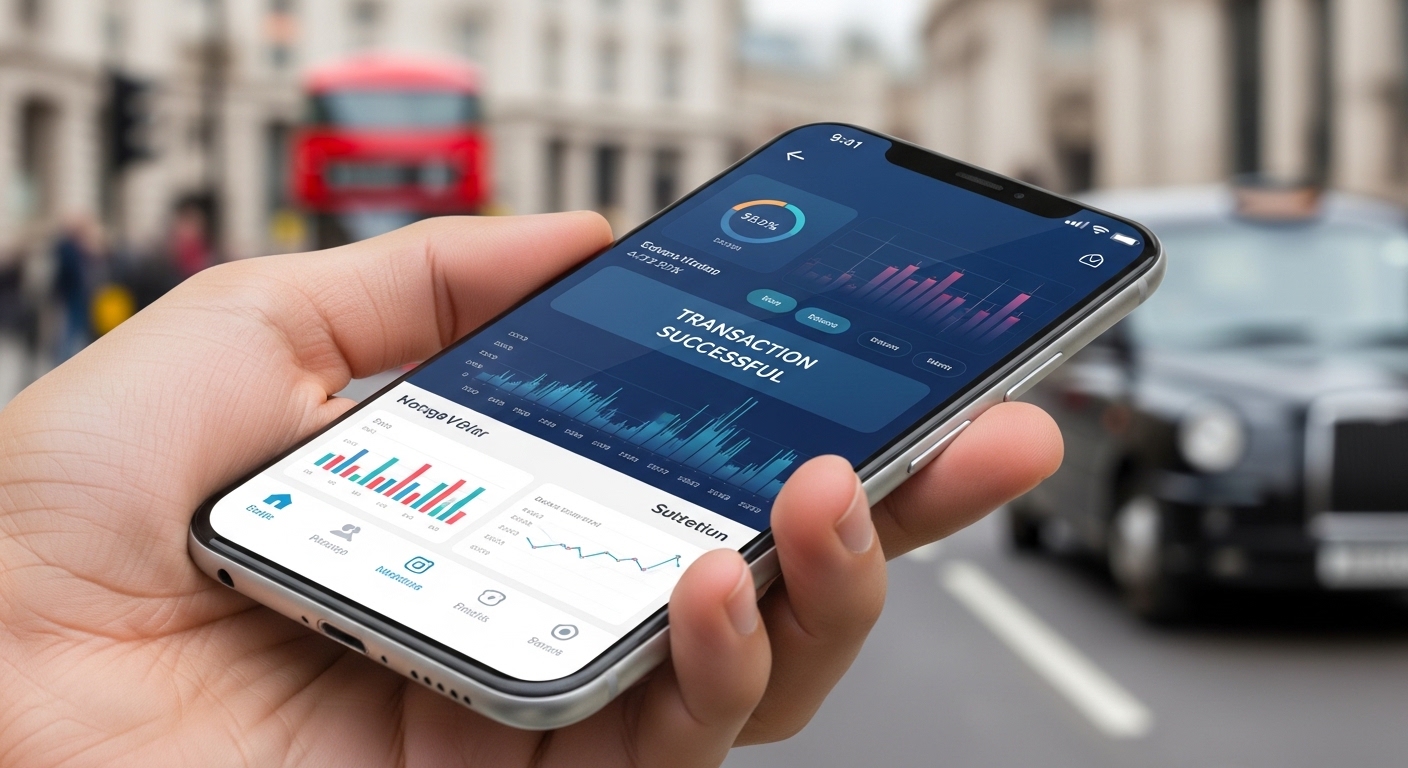 A close-up of a modern smartphone held by a hand, showing a sleek financial app with colorful charts and a 'Transaction Successful' message, blurred London street background.