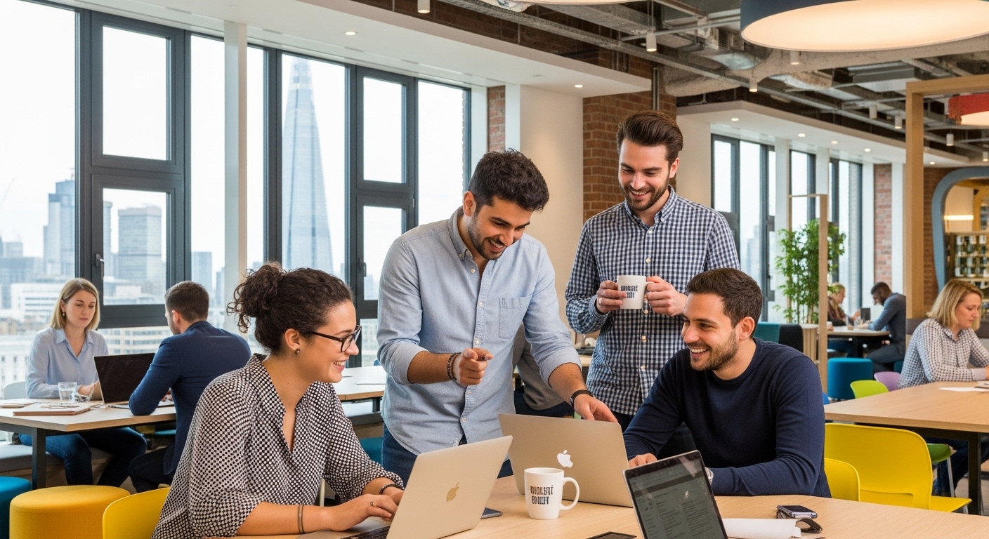 A diverse group of young professionals in a bright, modern London co-working space, smiling and collaborating over laptops, large windows with a view of the Shard.