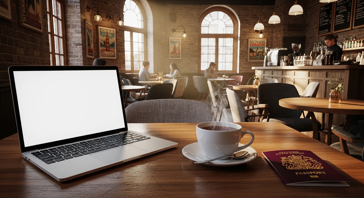 A cozy London cafe interior with a laptop, a cup of tea, and a British passport on a wooden table, soft morning light.