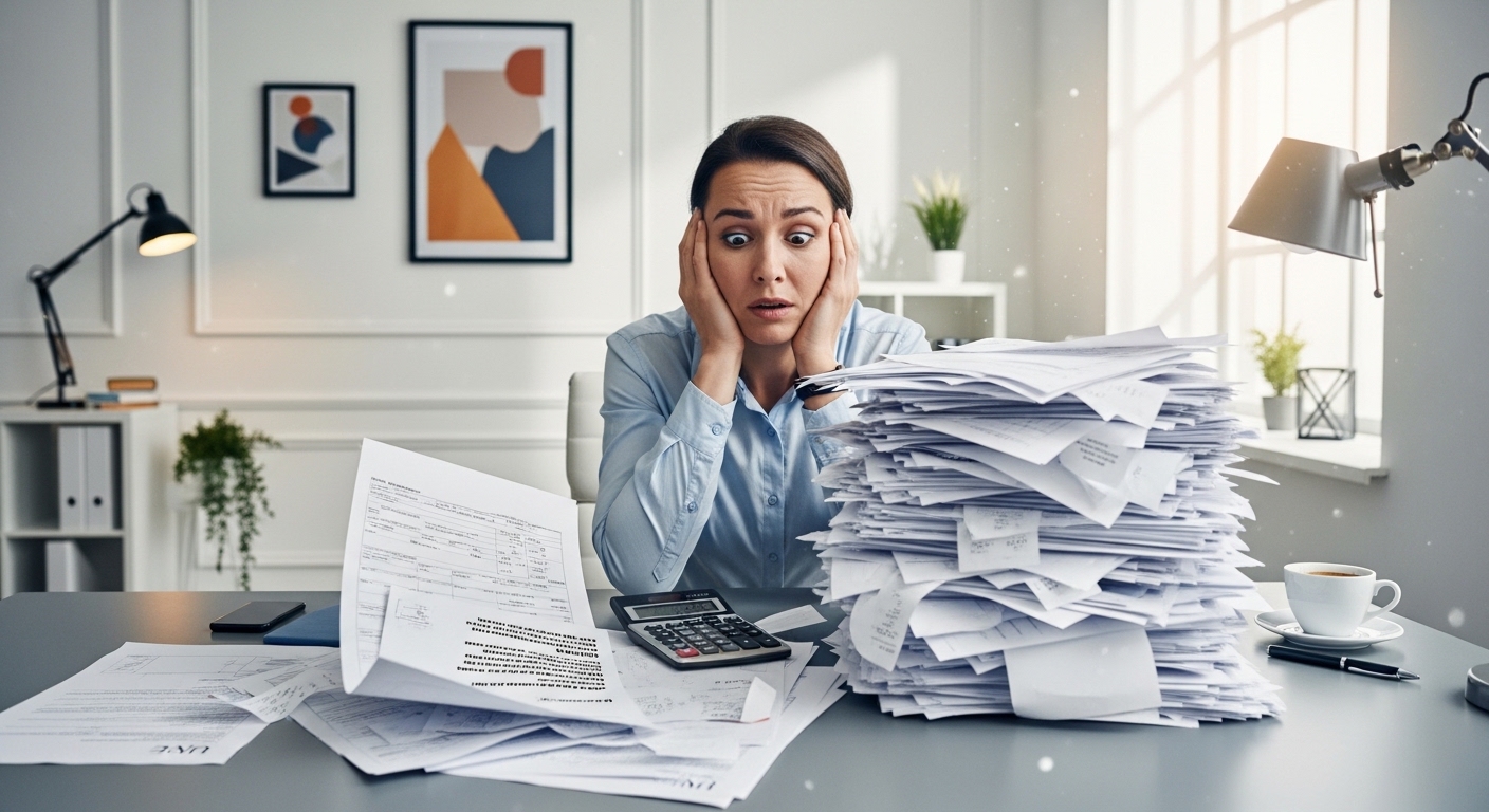 A professional person looking confused at a pile of UK tax forms and a calculator, modern minimalist office setting.