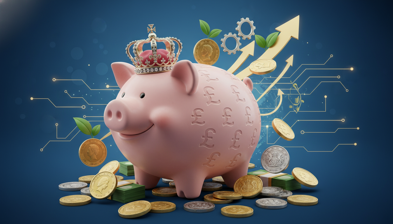 A conceptual illustration of a piggy bank wearing a British crown, surrounded by pound sterling coins and symbols of financial growth.