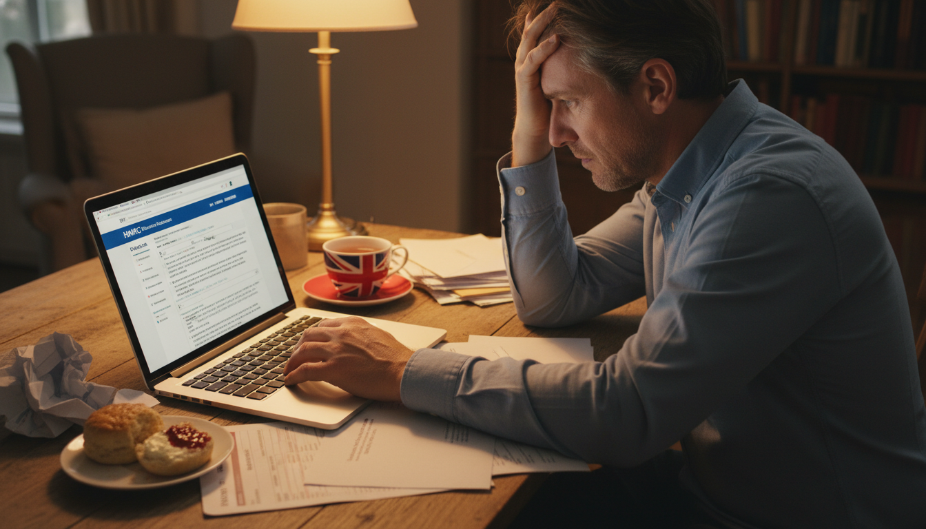 A frustrated expat sitting at a wooden desk cluttered with British tax forms and a half-eaten scone, looking confused while staring at a laptop screen showing the HMRC website, warm indoor lighting.