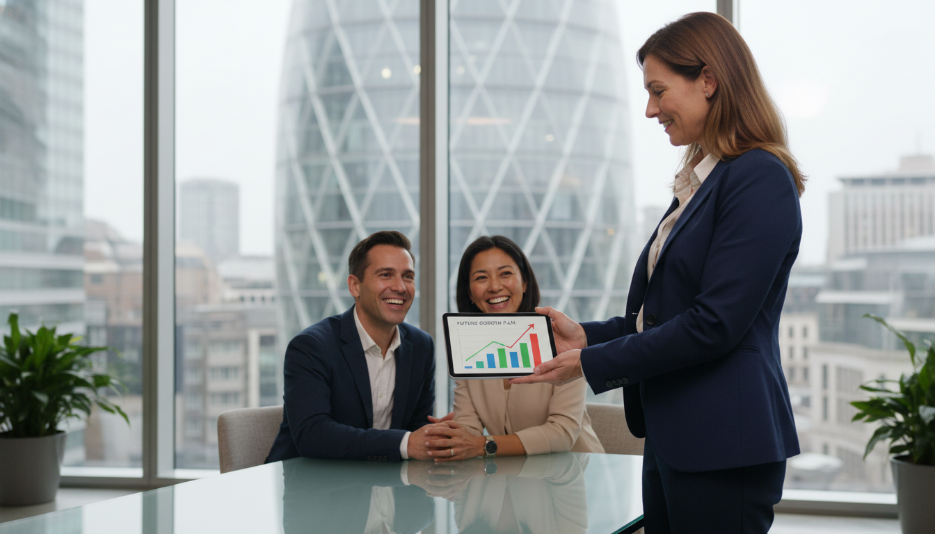 A sleek, professional accountant in a modern London office pointing at a tablet screen showing a simplified financial chart to a smiling expat couple, big windows with a blurred view of the Gherkin skyscraper in the background.