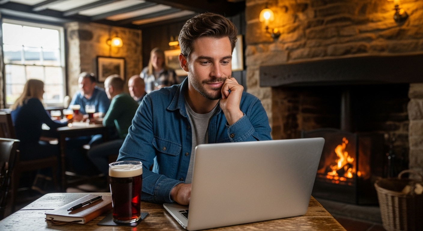 A digital nomad working on a high-end laptop in a cozy, rustic British pub with a fireplace, looking relaxed and confident, a pint of ale and a notebook on the side, soft focus background.