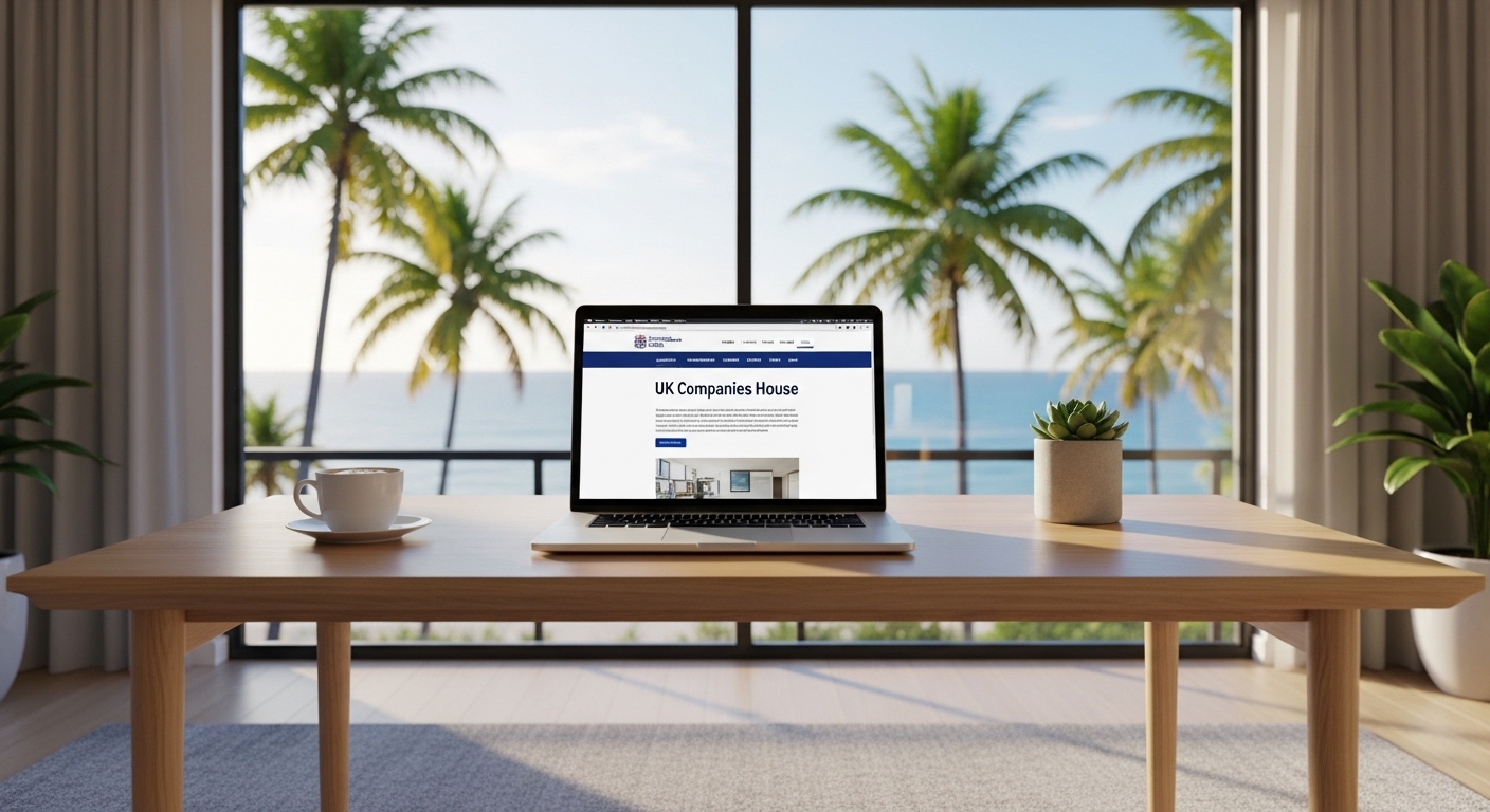 A wide-angle shot of a modern, minimalist home office in a tropical location, featuring a laptop on a wooden desk showing the official UK Companies House website, with a blurred view of palm trees and the ocean in the background, cinematic lighting, 4k.