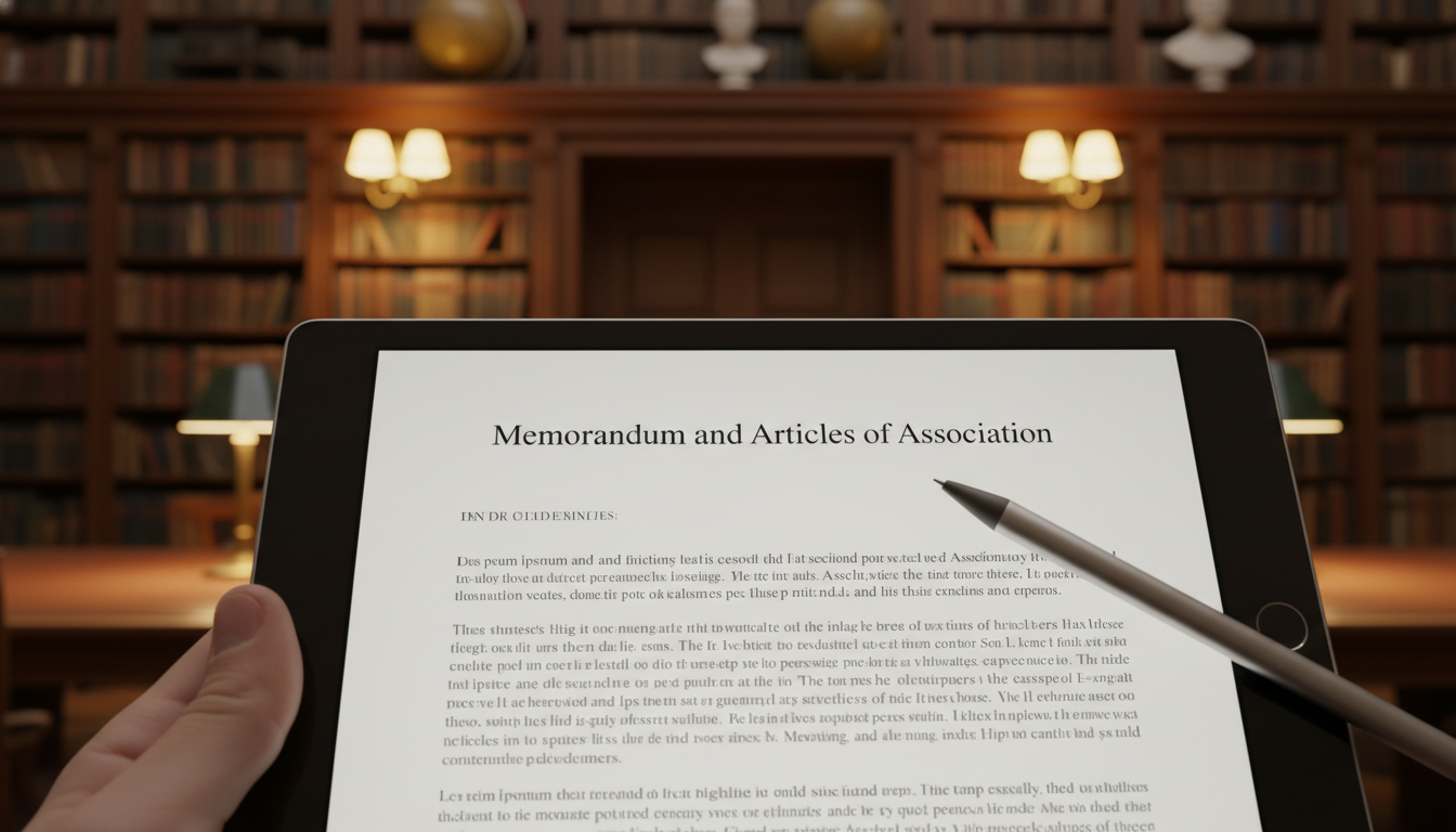 A hyper-realistic close-up of a digital tablet screen displaying a legal document titled 'Memorandum and Articles of Association', with a digital pen resting on the side, set against a background of a dimly lit, high-end British library, high resolution, professional photography.