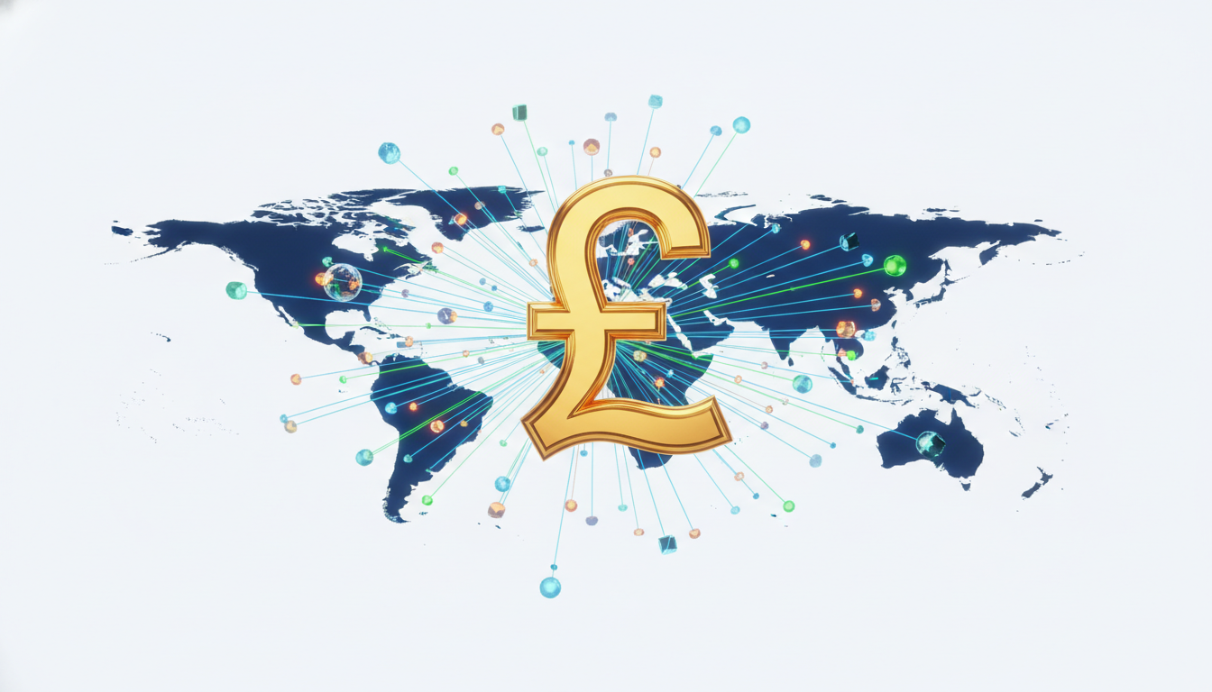 A conceptual 3D illustration of a golden British pound sign (£) connected to a global network of digital lines and nodes, representing international trade and the UK's central role in the global economy, clean white background, vibrant colors.