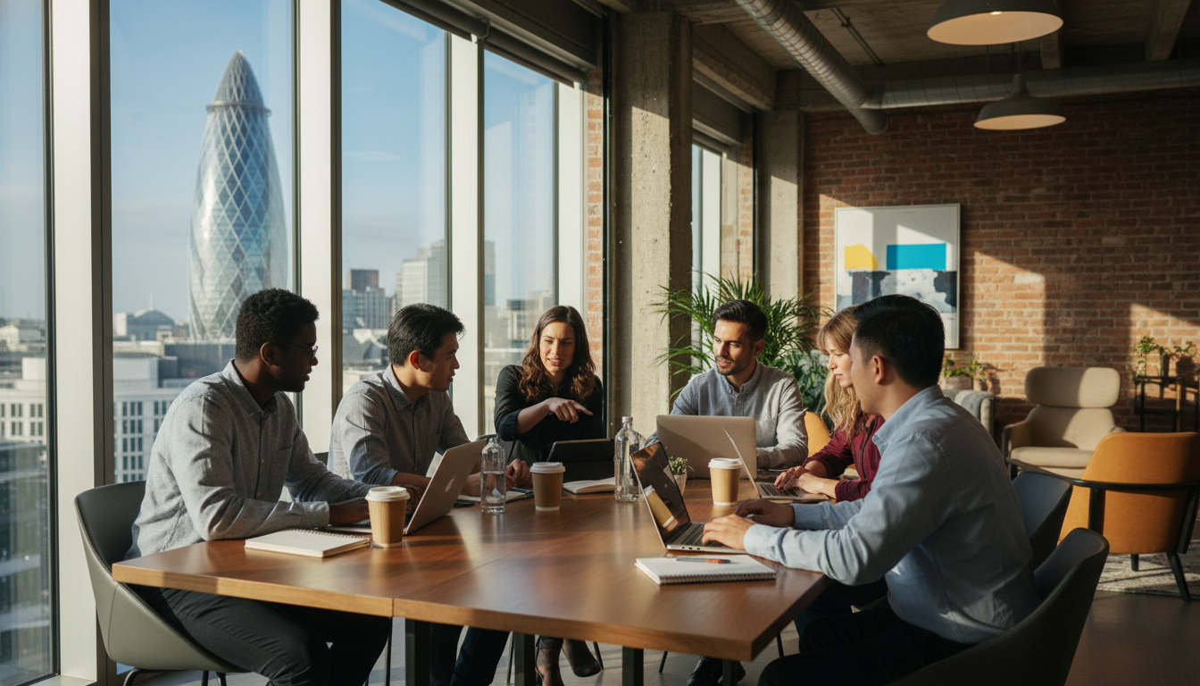 A diverse group of young entrepreneurs collaborating in a bright, modern London co-working space with a view of the Gherkin building through the window, cinematic lighting, realistic style