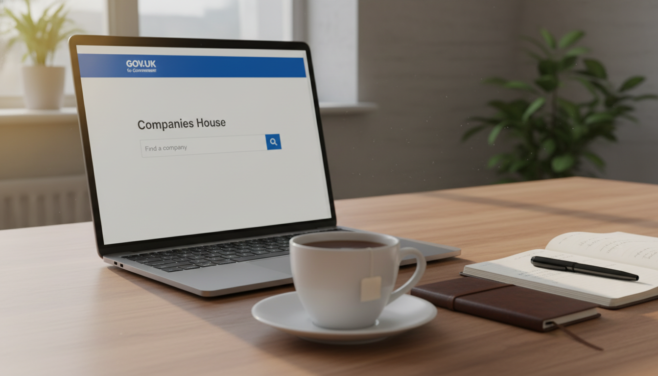 A close-up of a sleek laptop screen showing the official UK Government 'Companies House' registration website, with a cup of English breakfast tea and a notebook on a wooden desk, soft morning light