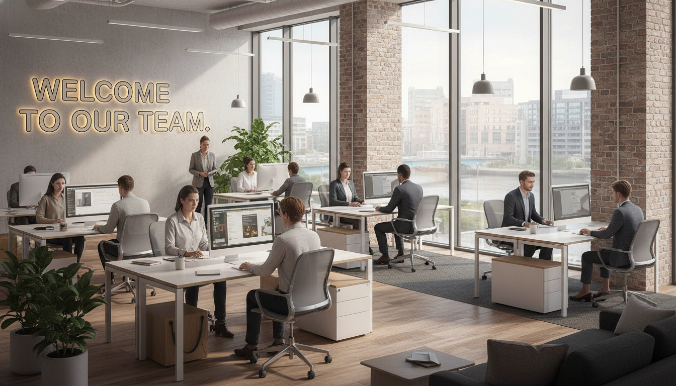 A professional modern office interior in Manchester with diverse employees working on computers, a 'Welcome to our Team' sign on the wall, bright and airy atmosphere, high-resolution photography