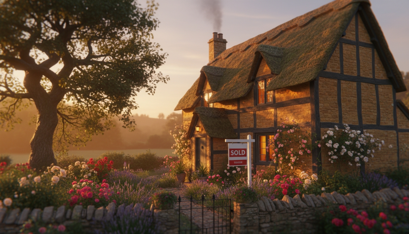 A cozy traditional English cottage with a 'Sold' sign in the front garden, warm sunset lighting, high-quality architectural photography style