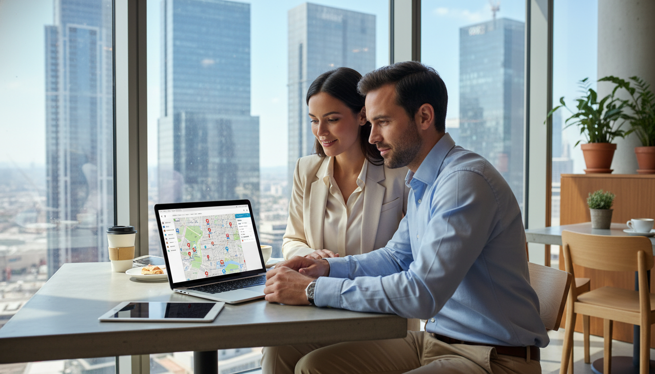 A professional couple sitting in a bright modern cafe in a foreign city like Dubai or Hong Kong, looking at a laptop screen displaying a map of London property listings, optimistic and focused atmosphere